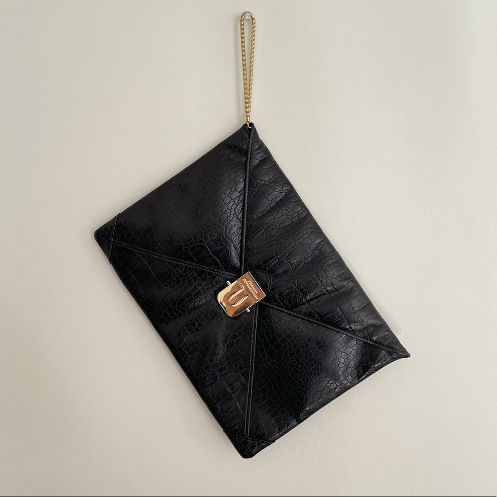 French Connection Crocodile Print Clutch Chain Wristlet Black with Gold Hardware